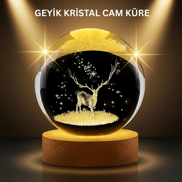 Led Işıklı Geyikli Kristal Küre Ahşap Standlı Dekor Lamba ürün görseli 1