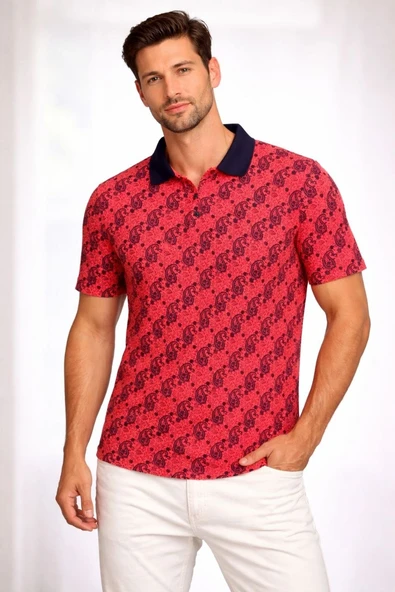Erkek Pike Kumaş Polo Yaka Palmiye Desenli Tişört Kısa Kol Yazlık T-Shirt - Kırmızı ürün görseli 1