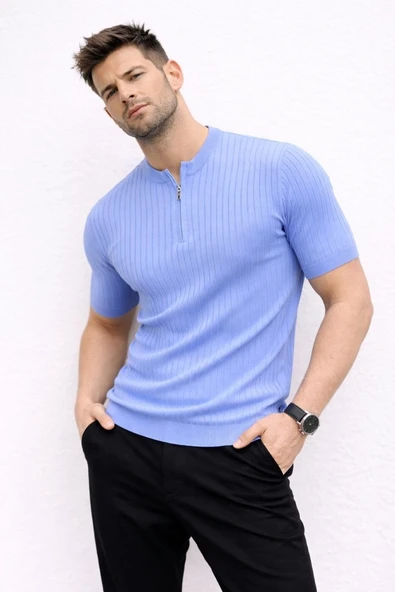 Erkek Kısa Kol Fitilli Triko T-Shirt Yazlık Hakim Yaka Tişört - Bebek Mavisi ürün görseli 1