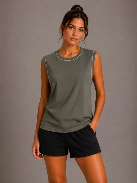 Kadın Kontrast Biyeli Kolsuz Atlet Bisiklet Yaka Yazlık Basic Atlet - Haki ürün görseli 1