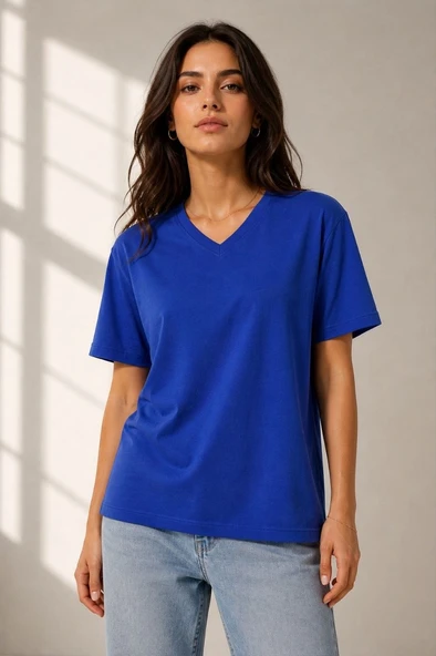 Kadın V Yaka Basic Tişört Kısa Kol Yazlık Regular Fit T-Shirt - Saks Mavisi ürün görseli 1