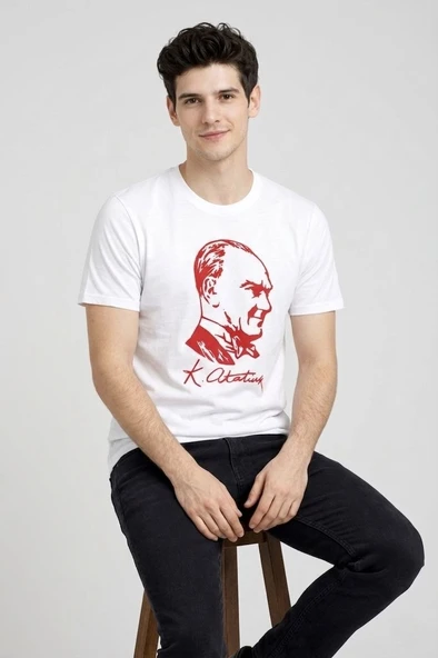 Erkek Atatürk Baskılı Tişört Kısa Kollu Bisiklet Yaka T-Shirt - Beyaz ürün görseli 1