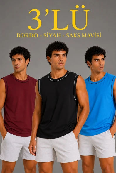 Erkek 3 lü Kolsuz Sporcu Atlet Seti Yazlık Bisiklet Yaka - Siyah, Bordo, Turkuaz ürün görseli 1