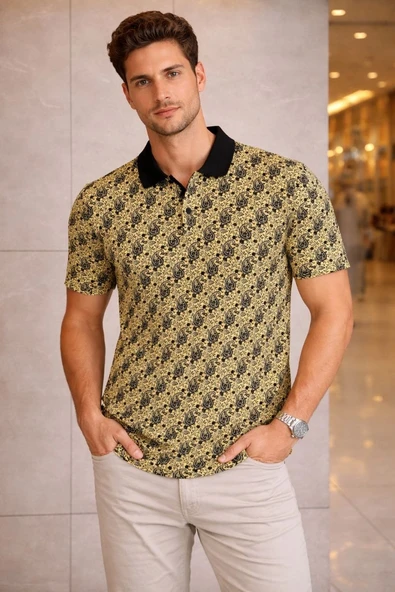 Erkek Pike Kumaş Polo Yaka Palmiye Desenli Tişört Kısa Kol Yazlık T-Shirt - Sarı ürün görseli 1