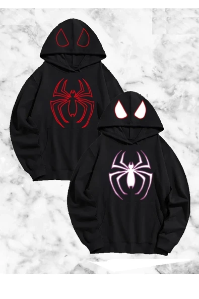 Sevgili Çift Kombini Örümcek Baskılı Kapüşonlu Sweatshirt Hoodie - Siyah ürün görseli 1