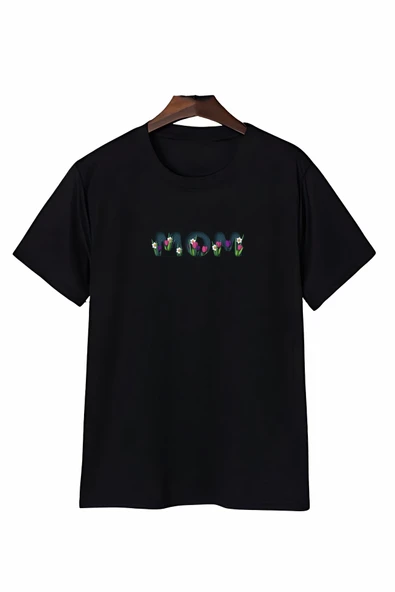 Anneler Günü Mom Çiçek Temalı Baskılı Oversize Bisiklet Yaka T-shirt - Siyah ürün görseli 1