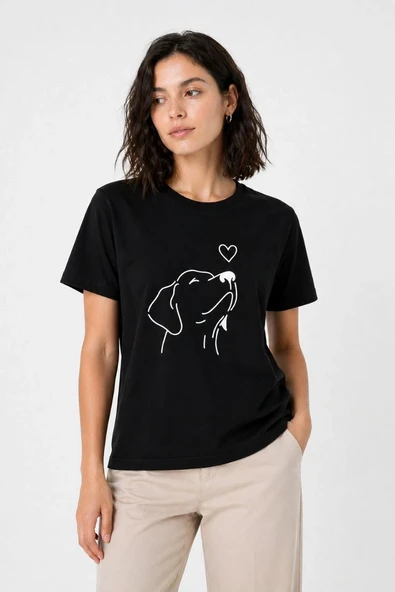 Kadın Köpek Figürlü Minimal Baskılı Tişört Kısa Kol Yazlık T-Shirt - Siyah ürün görseli 1