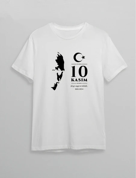 10 Kasım Atatürk Anma Günü Silüet Baskılı Oversize Bisiklet Yaka T-shirt - Beyaz ürün görseli 1