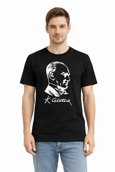 Erkek Atatürk Baskılı Tişört Kısa Kollu Bisiklet Yaka T-Shirt - Siyah ürün görseli 1