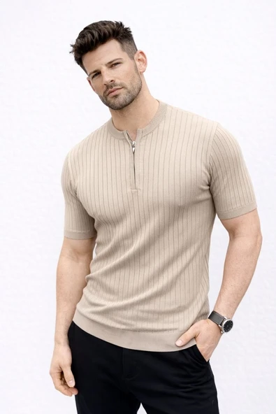 Erkek Kısa Kol Fitilli Triko T-Shirt Yazlık Hakim Yaka Tişört - Bej ürün görseli 1