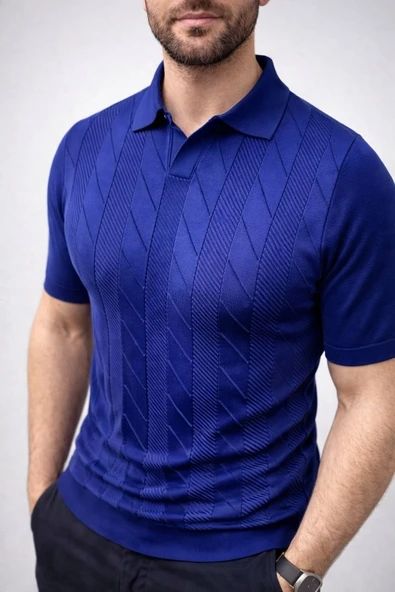 Erkek Yazlık Triko Dokuma Tişört Kısa Kol Polo Yaka T-Shirt - Lacivert ürün görseli 1