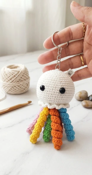 Örgü Amigurumi Denizanası Anahtarlık - Rengarenk Sevimli Çanta Süsü ve Hediyelik ürün görseli 1