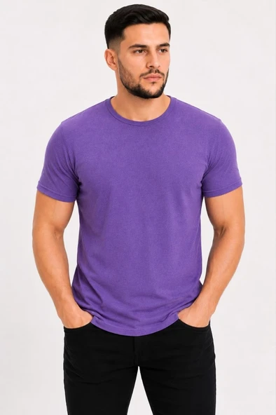 Erkek Basic Tişört Bisiklet Yaka Kısa Kol Günlük Yazlık Slim fit T-Shirt - Mor ürün görseli 1