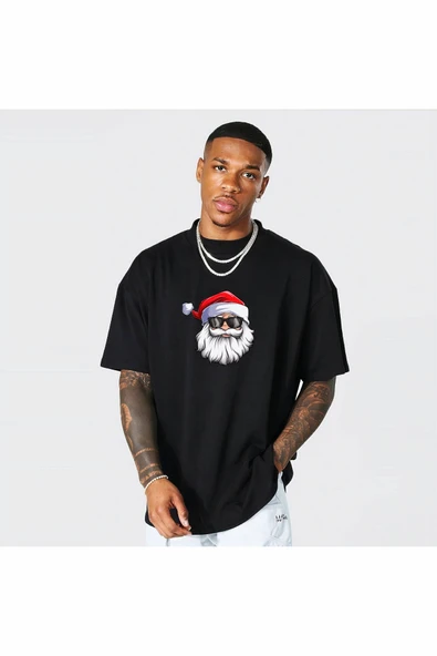 Yılbaşı Gözlüklü Noel Baba Baskılı Kısa Kollu Oversize Bisiklet Yaka T-shirt - Siyah ürün görseli 1