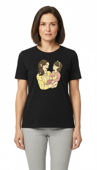 Anneler Günü Hediye Anne Kız Temalı Baskılı Oversize Bisiklet Yaka T-shirt - Siyah ürün görseli 1