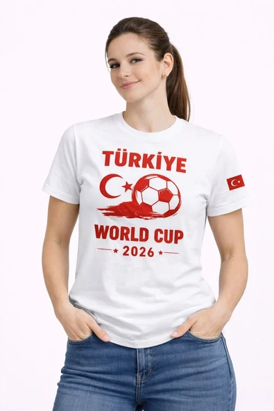 Kadın Türkiye World Cup 2026 Baskılı Tişört Futbol Temalı Forma T-Shirt - Beyaz ürün görseli 1