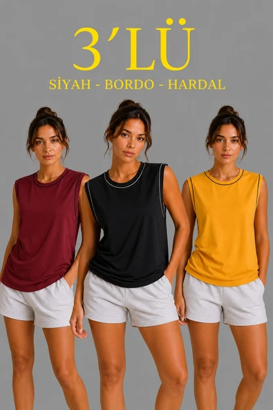 Kadın 3 lü Kolsuz Sporcu Atlet Seti Yazlık Bisiklet Yaka - Siyah, Bordo, Hardal ürün görseli 1