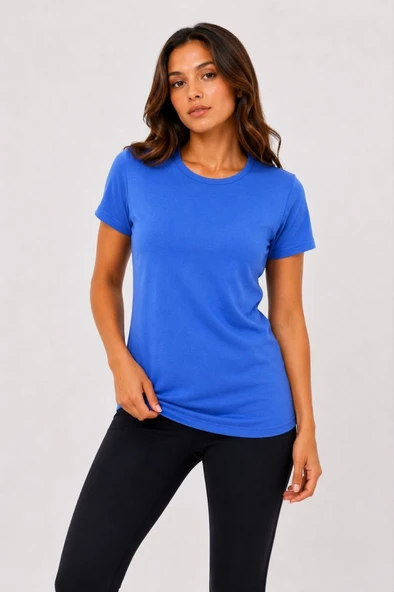 Kadın Basic Tişört Bisiklet Yaka Kısa Kol Günlük Yazlık Slim fit T-Shirt - Mavi ürün görseli 1