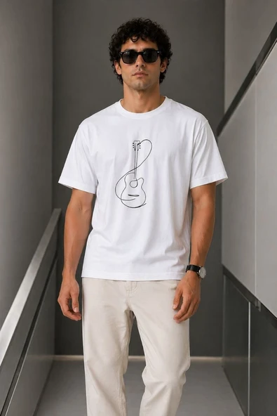 Erkek Minimal Gitar Baskılı Tişört T-Shirt Yazlık Kısa Kol Bisiklet Yaka T-Shirt - Beyaz ürün görseli 1