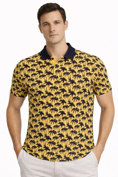 Erkek Pike Kumaş Polo Yaka Palmiye Desenli Tişört Kısa Kol Yazlık T-Shirt - Sarı ürün görseli 1