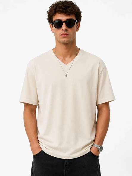 Erkek V Yaka Basic Tişört Kısa Kol Yazlık Regular Fit T-Shirt - Bej ürün görseli 1