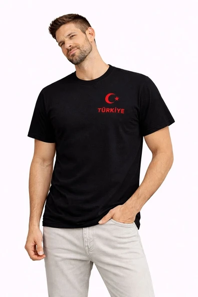 Erkek TÜRKİYE Ay Yıldız Baskılı Taraftar Forma T-Shirt - Siyah ürün görseli 1