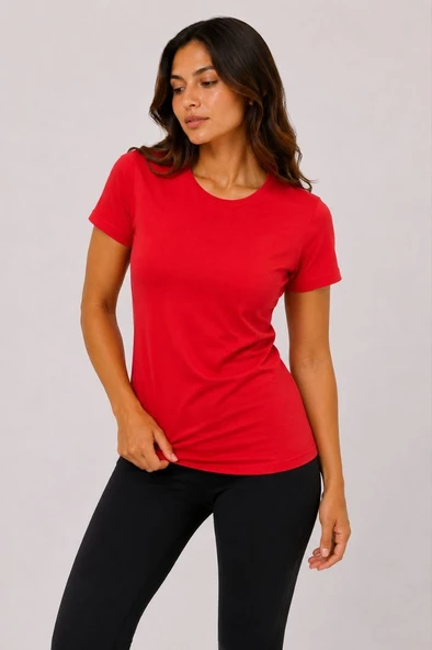 Kadın Basic Tişört Bisiklet Yaka Kısa Kol Günlük Yazlık Slim fit T-Shirt - Kırmızı ürün görseli 1