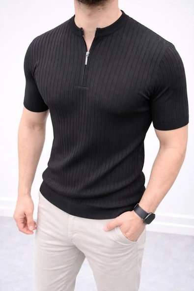 Erkek Kısa Kol Fitilli Triko T-Shirt Yazlık Hakim Yaka Tişört - Siyah ürün görseli 1