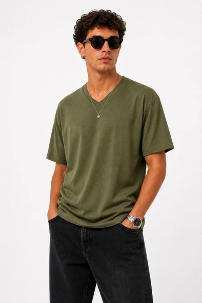 Erkek V Yaka Basic Tişört Kısa Kol Yazlık Regular Fit T-Shirt - Haki ürün görseli 1