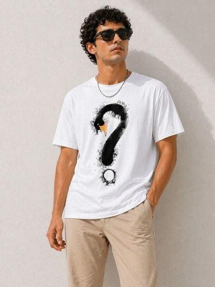 Erkek Kuğu Figürlü Soru İşareti Baskılı Tişört Kısa Kol T-Shirt - Beyaz ürün görseli 1