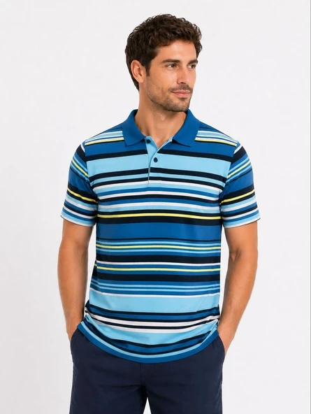 Erkek Çizgili Polo Yaka Tişört Kısa Kol Yazlık T-Shirt Regular Fit - Mavi ürün görseli 1