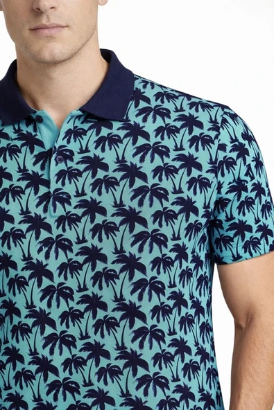 Erkek Pike Kumaş Polo Yaka Palmiye Desenli Tişört Kısa Kol Yazlık T-Shirt - Turkuaz ürün görseli 1
