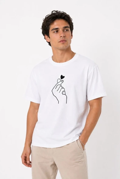 Erkek Kore Parmak Kalp Aşk Temalı Minimal Baskılı Tişört Yazlık Kısa Kol T-Shirt - Beyaz ürün görseli 1