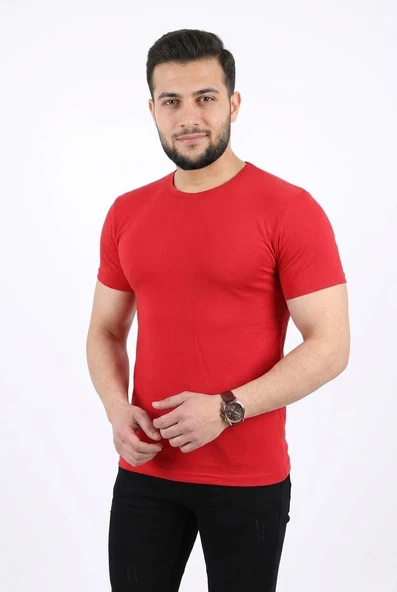 Erkek Basic Tişört Bisiklet Yaka Kısa Kol Günlük Yazlık Slim fit T-Shirt - Kırmızı ürün görseli 1