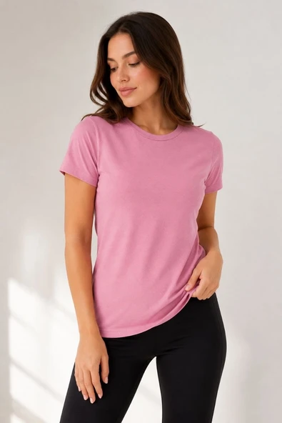 Kadın Basic Tişört Bisiklet Yaka Kısa Kol Günlük Yazlık Slim fit T-Shirt - Pembe ürün görseli 1