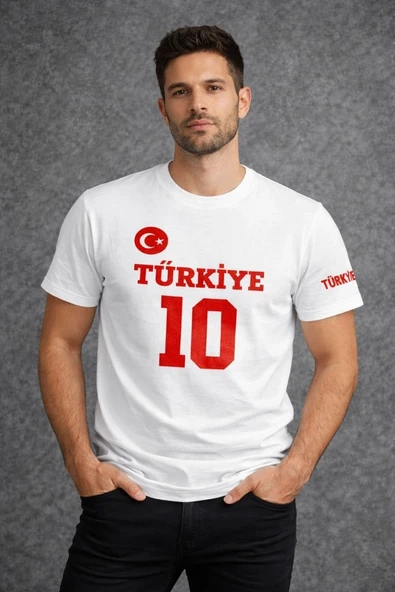 Erkek TÜRKİYE Ay Yıldız Baskılı 10 Numara Forma Tişört Taraftar T-Shirt - Beyaz ürün görseli 1