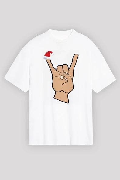 Yılbaşı Noel Başlıklı Serçe Parmak Baskılı Oversize Bisiklet Yaka T-shirt - Beyaz ürün görseli 1