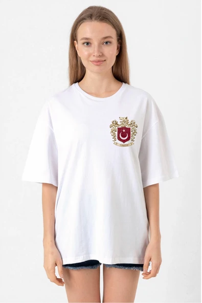 Türk Arma Baskılı Oversize Bisiklet Yaka Günlük T-shirt - Beyaz ürün görseli 1