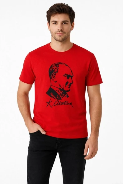 Erkek Atatürk Baskılı Tişört Kısa Kollu Bisiklet Yaka T-Shirt - Kırmızı ürün görseli 1