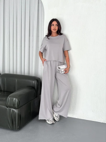 Kadın Osy Modal Yumuşak Kumaş Bisiklet Yaka T-shirt Bol paça Pantolon ikili Takım - Boyalı Gri ürün görseli 1