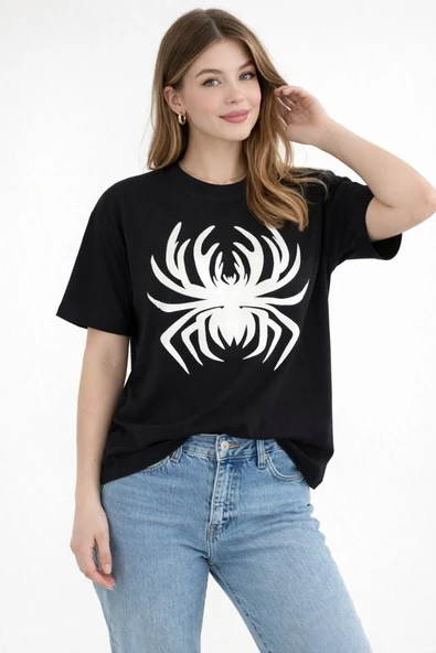 Kadın Örümcek Baskılı Tişört Kısa Kollu Bisiklet Yaka T-Shirt - Siyah ürün görseli 1