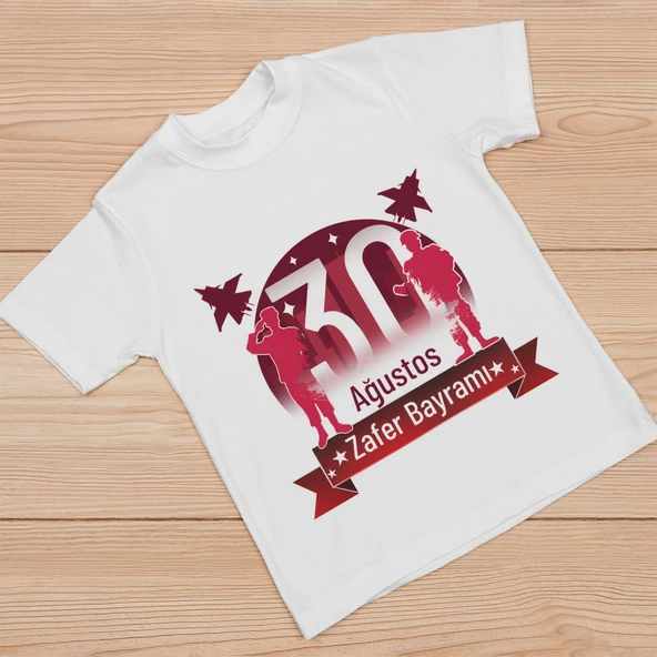 Ağustos Zafer Bayramı Atatürk Baskılı Kısa Kollu Bisiklet Yaka T-shirt - Beyaz ürün görseli 1