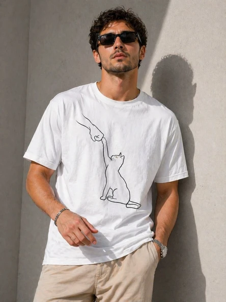 Erkek Minimal Kedi Çizim Baskılı Tişört Kısa Kol Yazlık T-Shirt - Beyaz ürün görseli 1