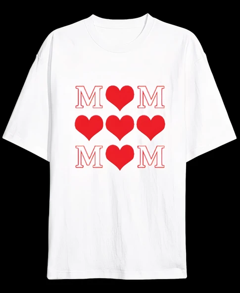 Anneler Günü Hediye MOM Kalp Baskılı Oversize Bisiklet Yaka T-shirt - Beyaz ürün görseli 1