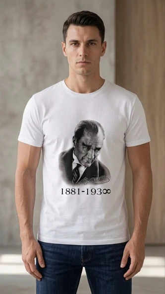Erkek Atatürk Baskılı Tişört Kısa Kollu Bisiklet Yaka T-Shirt - Beyaz ürün görseli 1