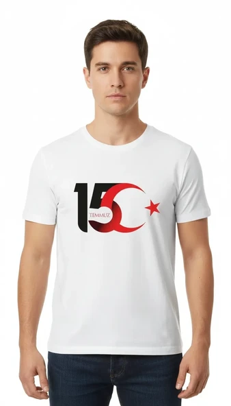 15 Temmuz Demokrasi ve Milli Birlik Günü Ay Yıldız Baskılı T-shirt - Beyaz ürün görseli 1