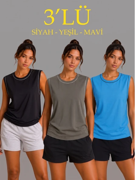 Kadın 3 lü Kolsuz Sporcu Atlet Seti Yazlık Bisiklet Yaka - Siyah, Haki, Mavi ürün görseli 1