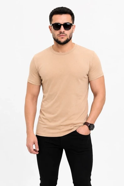 Erkek Basic Tişört Bisiklet Yaka Kısa Kol Günlük Yazlık Slim fit T-Shirt - Bej ürün görseli 1