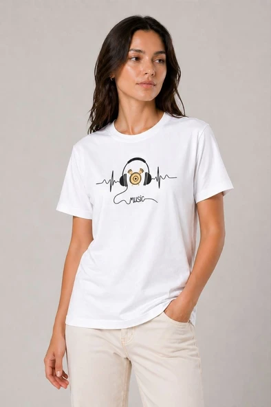 Kadın Müzik Temalı Baskılı Tişört Bisiklet Yaka Kısa Kol T-Shirt - Beyaz ürün görseli 1