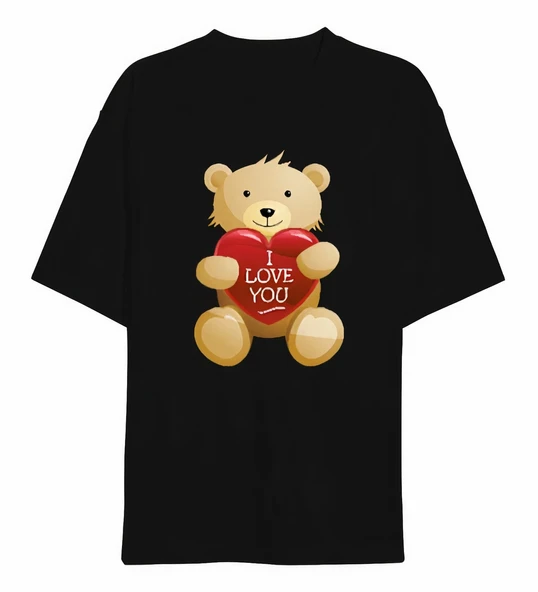 14 Şubat Sevgililer Günü I Love You Ayı Baskılı Oversize Bisiklet Yaka T-shirt - Siyah ürün görseli 1